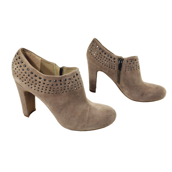 Enzo Angiolini Heeled Ankle Boots Booties sz 7 M Kaiser Suede Beige Embellished - Picture 1 of 11